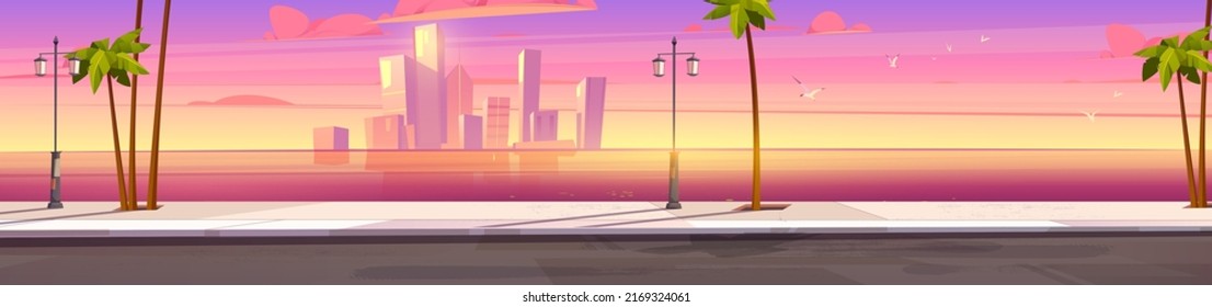 Sunset City Skyline Architecture Near The Bay Waterfront. Modern Megalopolis With Palm Trees, Skyscrapers Reflecting In Water Surface Under Pink Sky Panoramic Background, Cartoon Vector Illustration