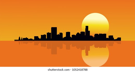 Sunset City Skyline Building Vector Illustration. Reflection Skyline