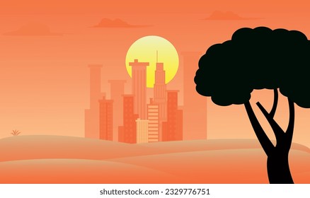 Sunset in the city. Soudi arabian desert Cityscape silhouette sunrise vector illustration.