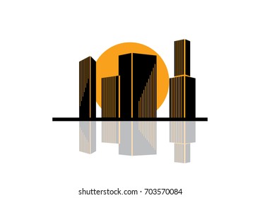 sunset in the city vector illustration. abstract skyline with reflection. modern buildings and sun