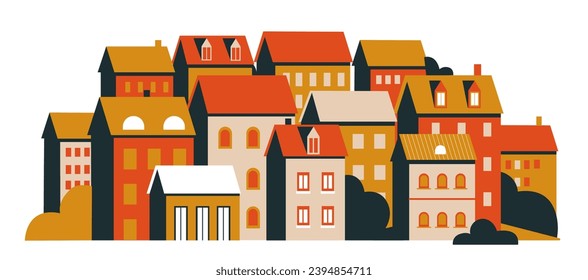 Sunset in city vector illustration. Cartoon evening dark panorama cityscape with urban skyline, town architecture buildings on street, townhouses exterior in minimal geometric flat style isolated