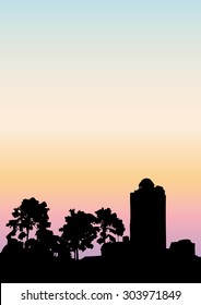Sunset city view silhouette background, night time landscape vector illustration.