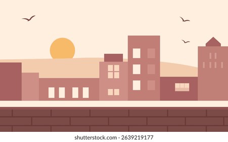 Sunset cityscape background with warm colors. Rooftops. Soft urban skyline for modern vector design