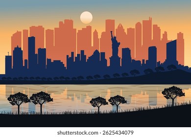 Sunset Cityscape with Silhouetted New York Skyline Featuring the Statue of Liberty, Reflected Skyscrapers in Tranquil Water, and a Natural Foreground with Trees and Grass