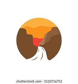 sunset with cliff and lake logo design, vector graphic symbol icon sign illustration