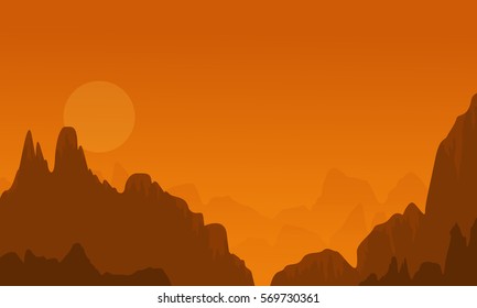 At sunset cliff scenery of silhouettes vector illustration