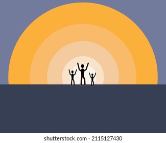 Sunset Clipart. Vector Illustration Of Sunset And Three Black People Silhouettes. Meeting Sunrise Concept