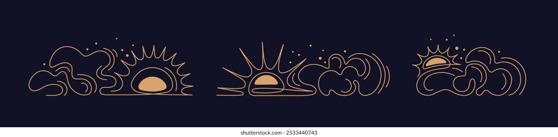 Sunset, cloud line collection. Stars on night magic sky in minimal style. Vector golden art symbol on black backdrop. Graphic mystic design. Editable stroke