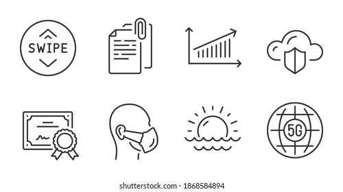 Sunset, Cloud protection and Document attachment line icons set. Swipe up, Chart and 5g internet signs. Certificate, Medical mask symbols. Sunny weather, Storage security, Paper clip. Vector