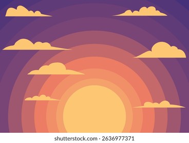 Sunset with clouds in gradient color palette for background. Retro stylized illustration for travel, vacation, or relaxation themes.