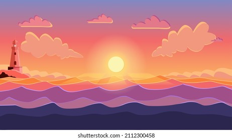Sunset with clouds and lighthouse in ocean. Vector Illustration