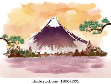 Sunset clouds and Mount Fuji, watercolor painting
