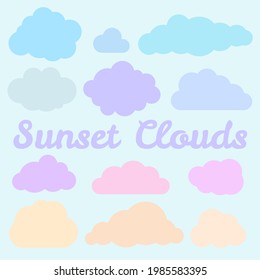 sunset clouds simle elements light grey on blue vector isolated pastel colours