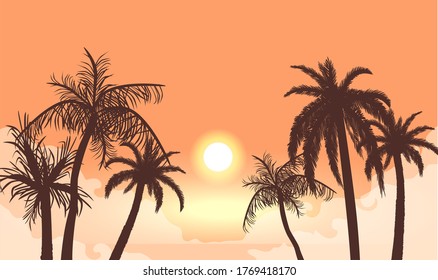 Atardecer en las siluetas nubladas de las palmeras. Playa tropical con fondo de niebla anaranjada que pone el sol hermosa costa del paraíso resort laguna romántica con noche vectorial exótica.
