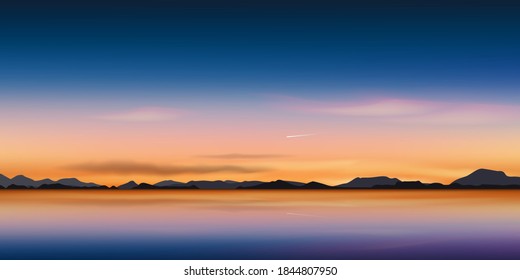 Sunset at coast of the lake. Vector illustration.