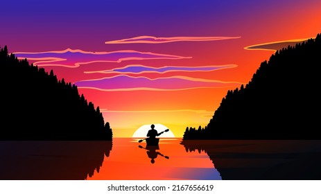 Sunset in coast with a man on canoe