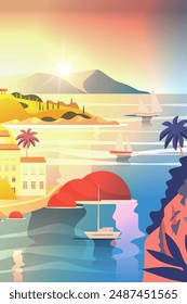 Sunset coastal landscape with sailboats mountains and buildings vibrant colors serene ocean scene bright sky hills modern design elements for travel backgrounds