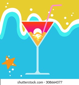 Sunset cocktail with wave and sand background
