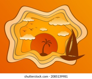sunset with coconut tree by paper cut style vector