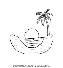 Elemento dibujado a mano de la escena del horizonte del mar de la playa tropical del árbol de coco de la puesta del sol.