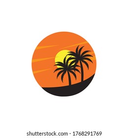 sunset coconut tree vector illustration of black mountain design