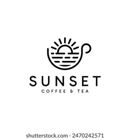 Sunset Coffee and Tea logo design. Abstract minimalist line art design template.