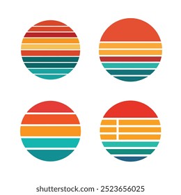 Sunset collection in retro 70s and 80s style with grunge texture. Vintage sunsets in different colors. Distressed striped circles in various colors. Banner, poster and t-shirt design elements. Vector