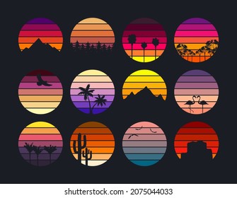 Sunset collection in retro style for banner or print. Vintage sunsets in different colors with mountains and palm trees, forest, desert rock and eagle, seagulls and flamingo birds, cactus. Vector.