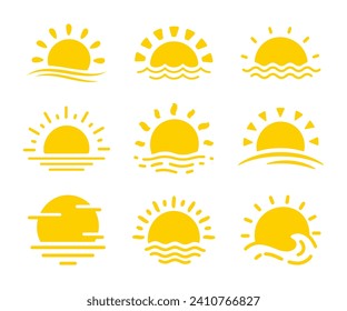 Sunset collection at sea. vector sunshine in the evening Sunset over the horizon during the summer