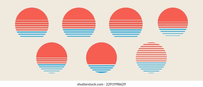 Sunset collection. Set of retro graphics with sun dipped in sea. 80s collection of vector sunsets. Elements for 80's and 90's posters, illustrations and web designs. 