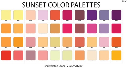 Sunset Color Guide Palette. For interior design, graphic designer, branding, data visualization, fashion business, garments, seasonal color analysis, and paints companies. 