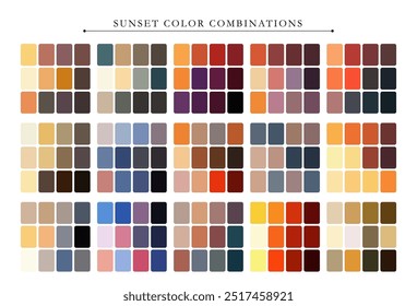 Sunset color palette. Trend color palette guide template. Fit for fashion designers, business, and paints colors company. Match combinations. Vector graphics. Eps 10.