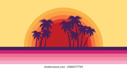 Sunset with colorful beach and palms. Vacation time. Beach and Summer background. Trendy Sunset with palm treess silhouette. Vector illustration. Ideal for print, poster, wallpaper, fabric, fashion.