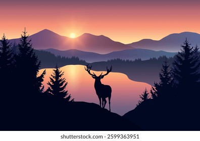 Sunset colorful landscape with silhouettes of mountains, hills, lake and forest with standing deer