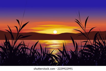 Sunset with colorful sky at lake. Vector nature landscape