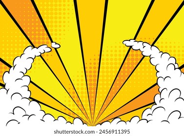 Sunset comic background. Bright pop art with halftone color. Comics book cartoon, magazine cover. Funny retro pattern strip mock up vector illustration