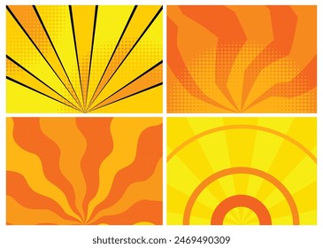 Sunset comic background set. Bright pop art with halftone color. Comics book cartoon, magazine cover. Funny retro pattern strip mock up vector illustration