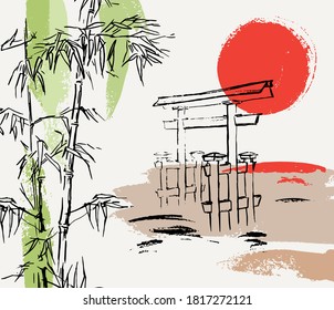 Sunset composition with bamboo, japanese gate and abstract shapes. Idea for wedding invitations, flyers, newsletter, poster, magazine cover, packaging. Vector template