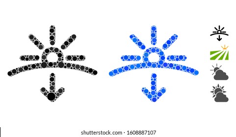 Sunset composition of circle elements in different sizes and color tones, based on sunset icon. Vector circle elements are combined into blue mosaic. Dotted sunset icon in usual and blue versions.