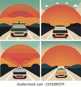 Sunset concept road trip. flat design. car