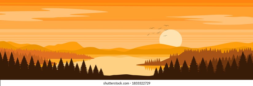 The sunset of coniferous forest panoramic view and river in flat design - vector and illustration.