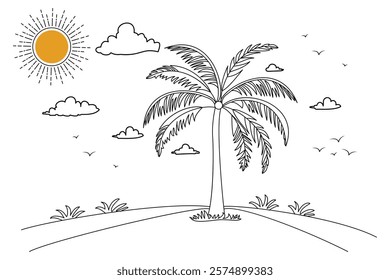 Sunset continous  simple line drawing black and white