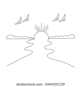 Sunset continues one line art drawing minimalist design vector and illustration