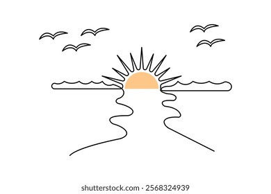 Sunset continuous one line art drawing of isolated outline vector illustration