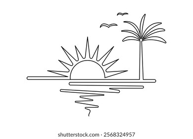Sunset continuous one line art drawing of isolated outline vector illustration
