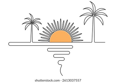 Sunset continuous one line art drawing of outline Vector design isolated on white