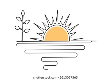 Sunset continuous one line art drawing of outline Vector design isolated on white