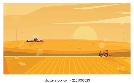 Sunset at countryside.Peaceful scene of farmer working in crops farm. Lens flare and grainy texure.Landscape vector illustration.