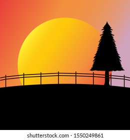 The sunset in the countryside.Vector illustration.