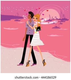 Sunset date. Love Couple dating. Romantic date. Vector illustration